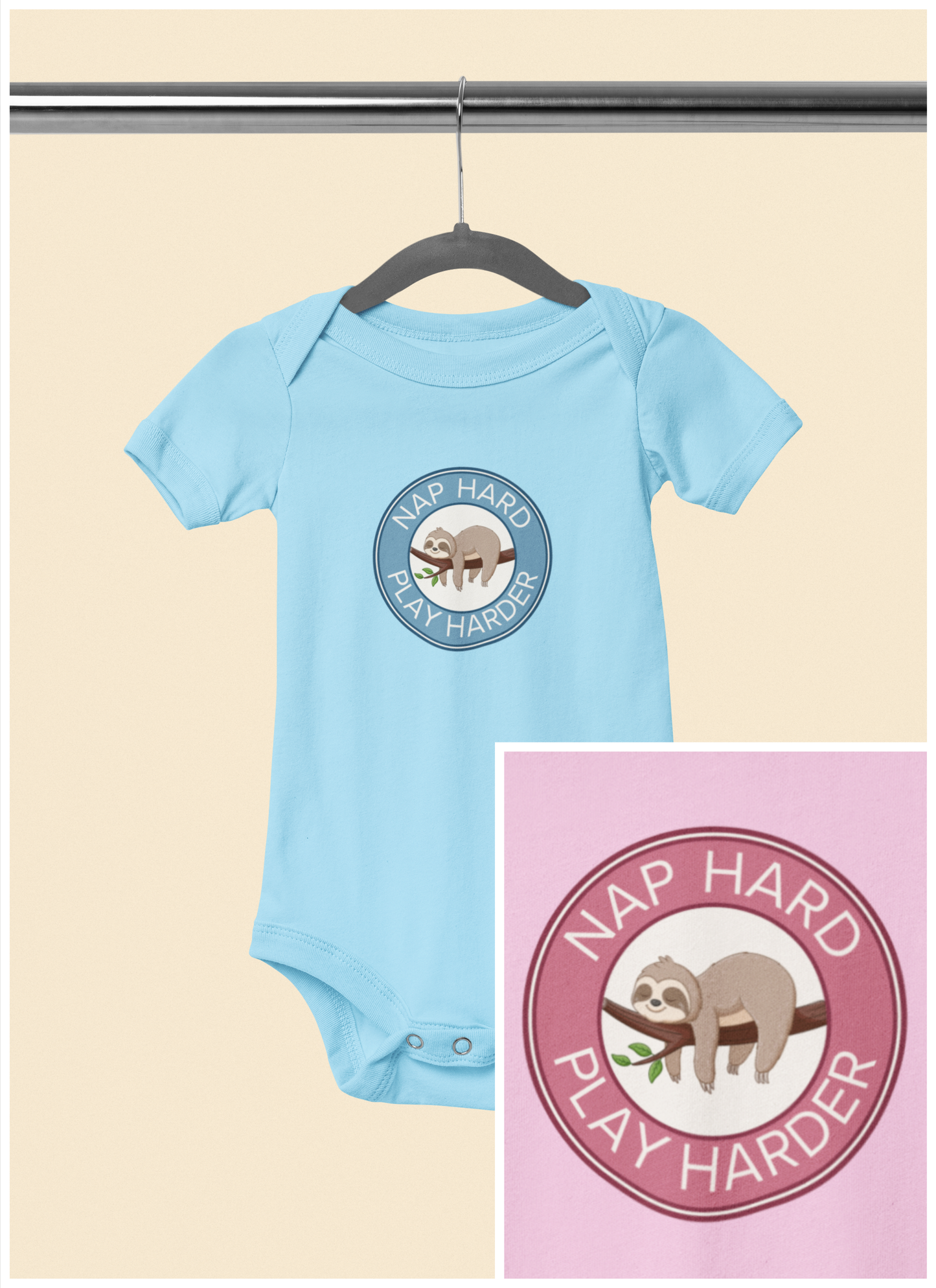 Nap Hard, Play Harder - Baby Bodysuit - Sleepy Sloth in Pink