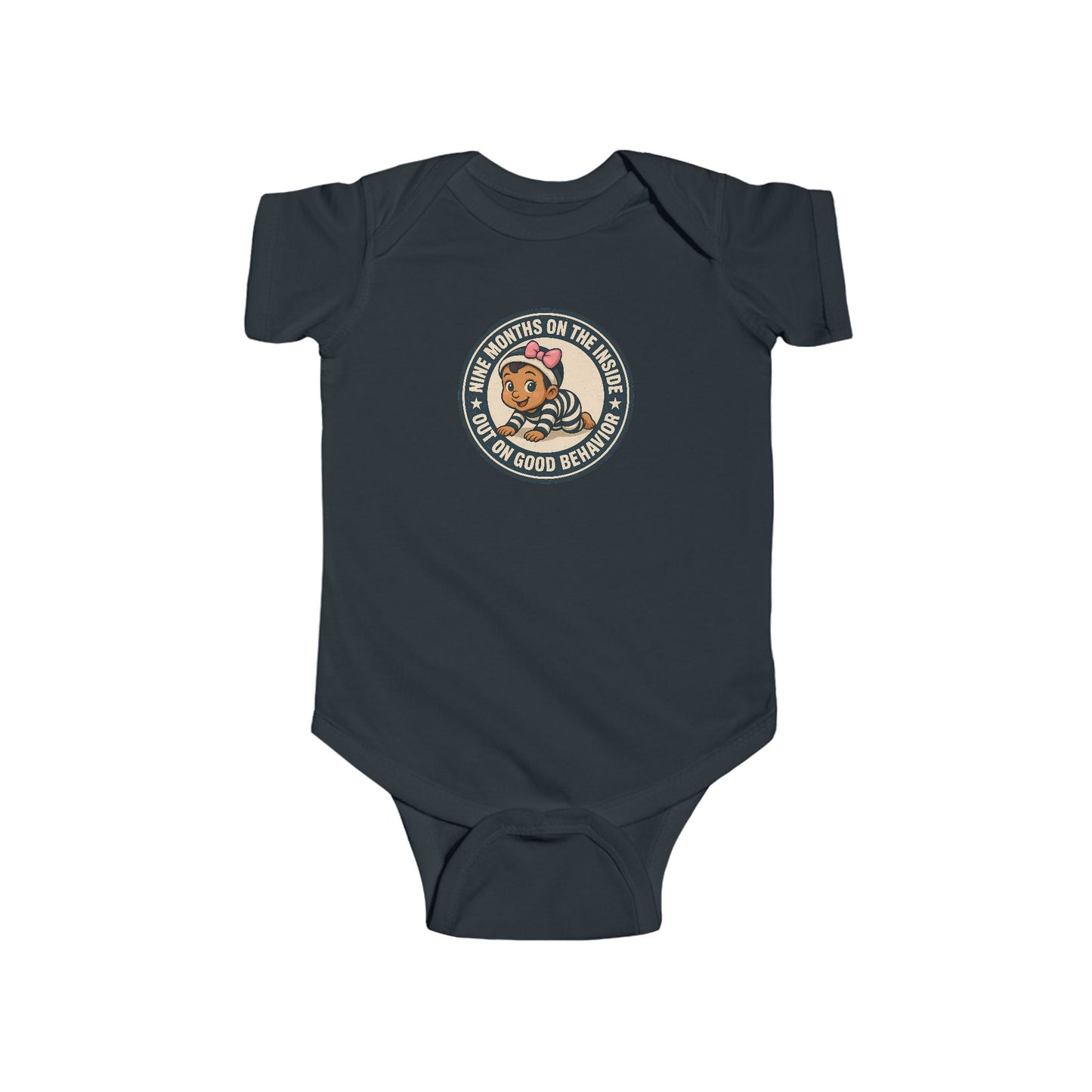 9 Months on the Inside, Out on Good Behavior - Baby Bodysuit - Vintage Stamp Charlotte