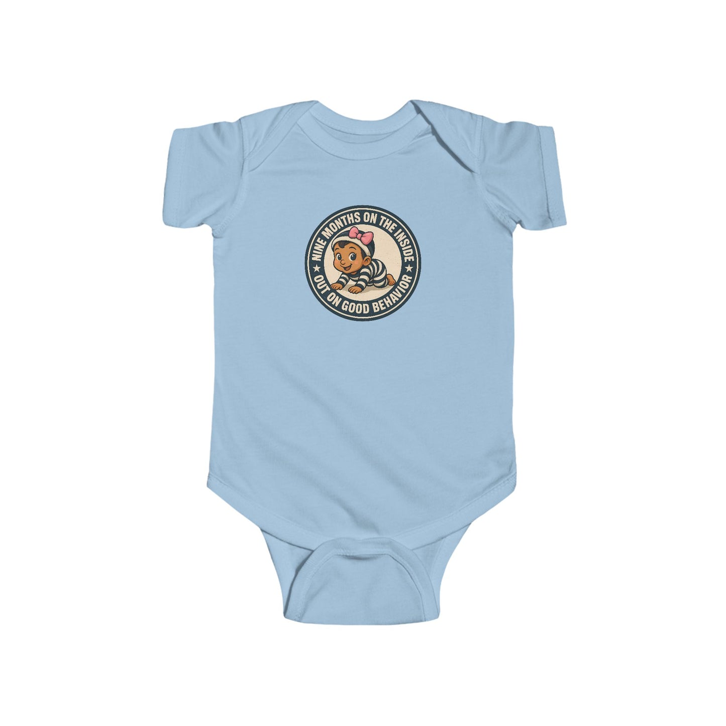 9 Months on the Inside, Out on Good Behavior - Baby Bodysuit - Vintage Stamp Charlotte