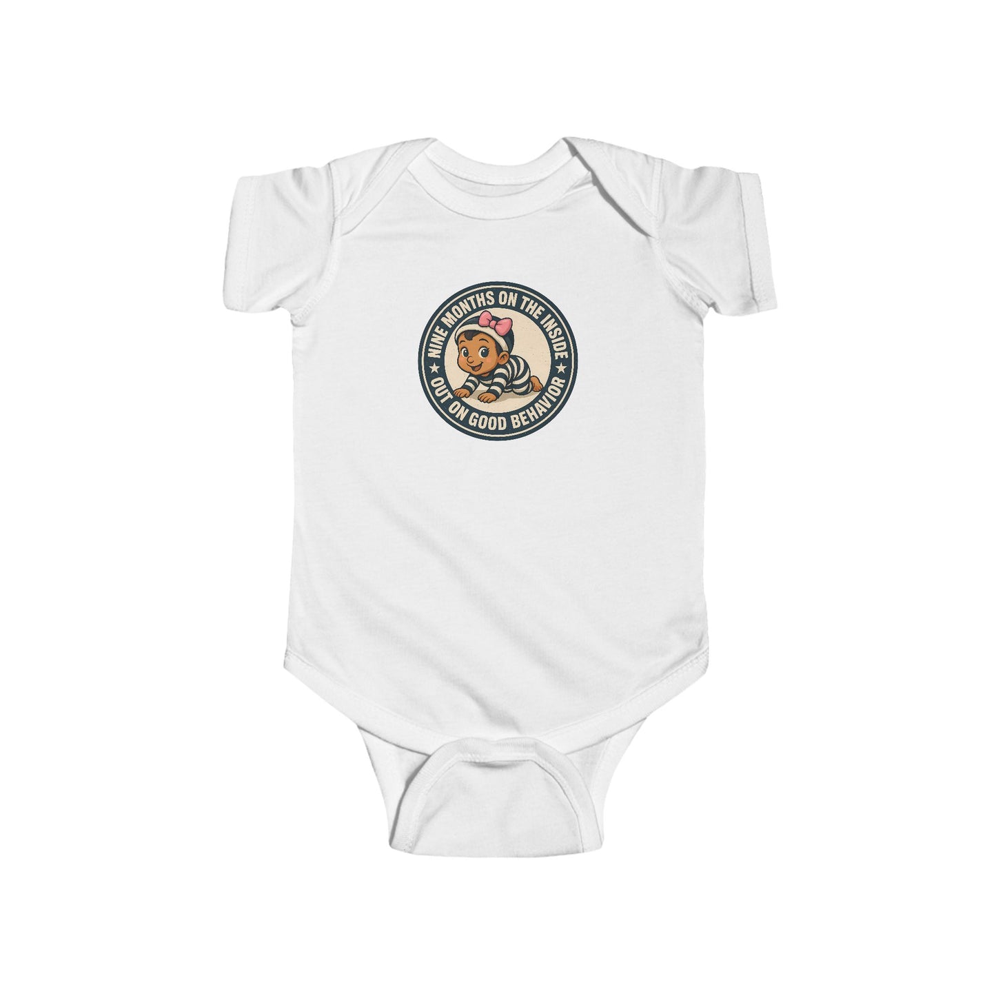 9 Months on the Inside, Out on Good Behavior - Baby Bodysuit - Vintage Stamp Charlotte