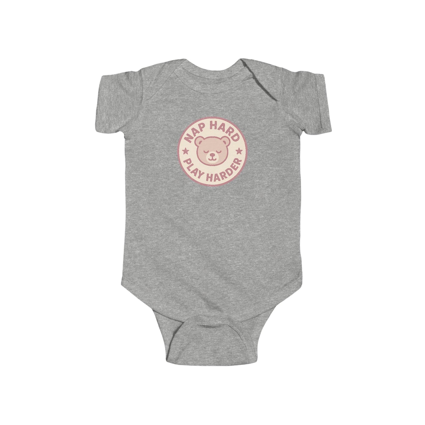 Nap Hard, Play Harder - Baby Bodysuit - Pink Bear Stamp