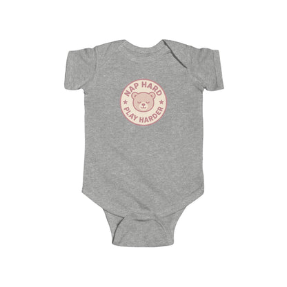 Nap Hard, Play Harder - Baby Bodysuit - Pink Bear Stamp