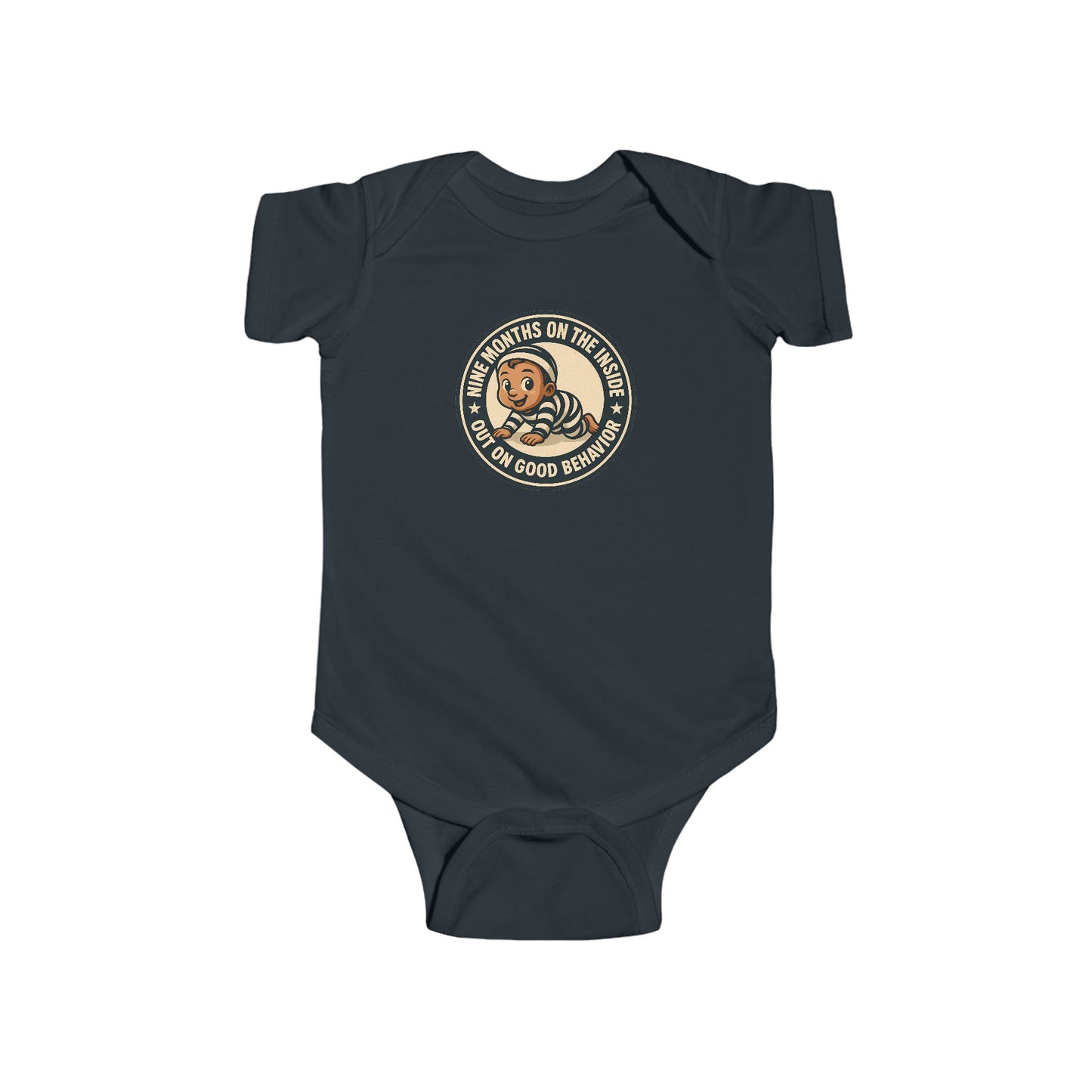 9 Months on the Inside, Out on Good Behavior - Baby Bodysuit - Vintage Stamp Jack