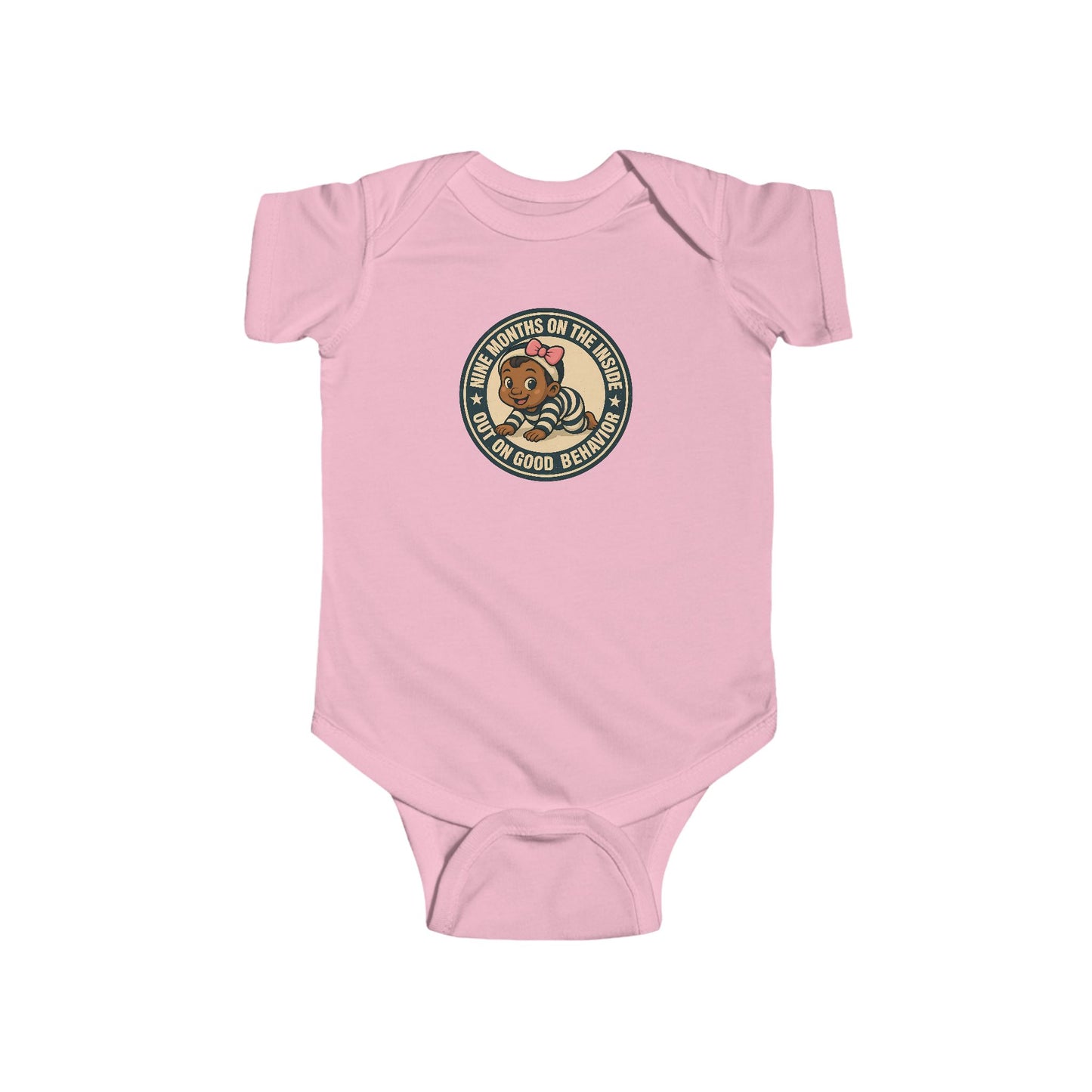 9 Months on the Inside, Out on Good Behavior - Baby Bodysuit - Vintage Stamp Lily