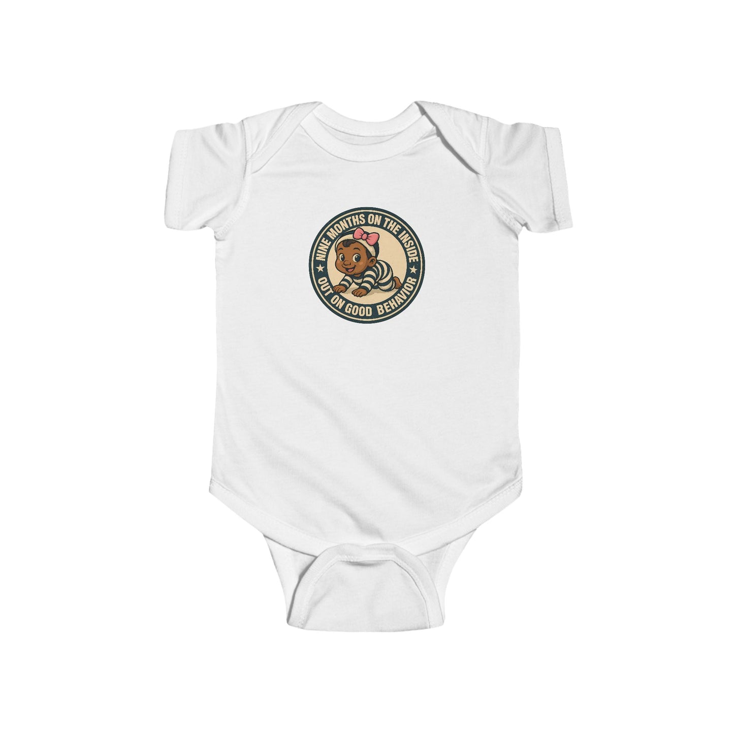 9 Months on the Inside, Out on Good Behavior - Baby Bodysuit - Vintage Stamp Lily