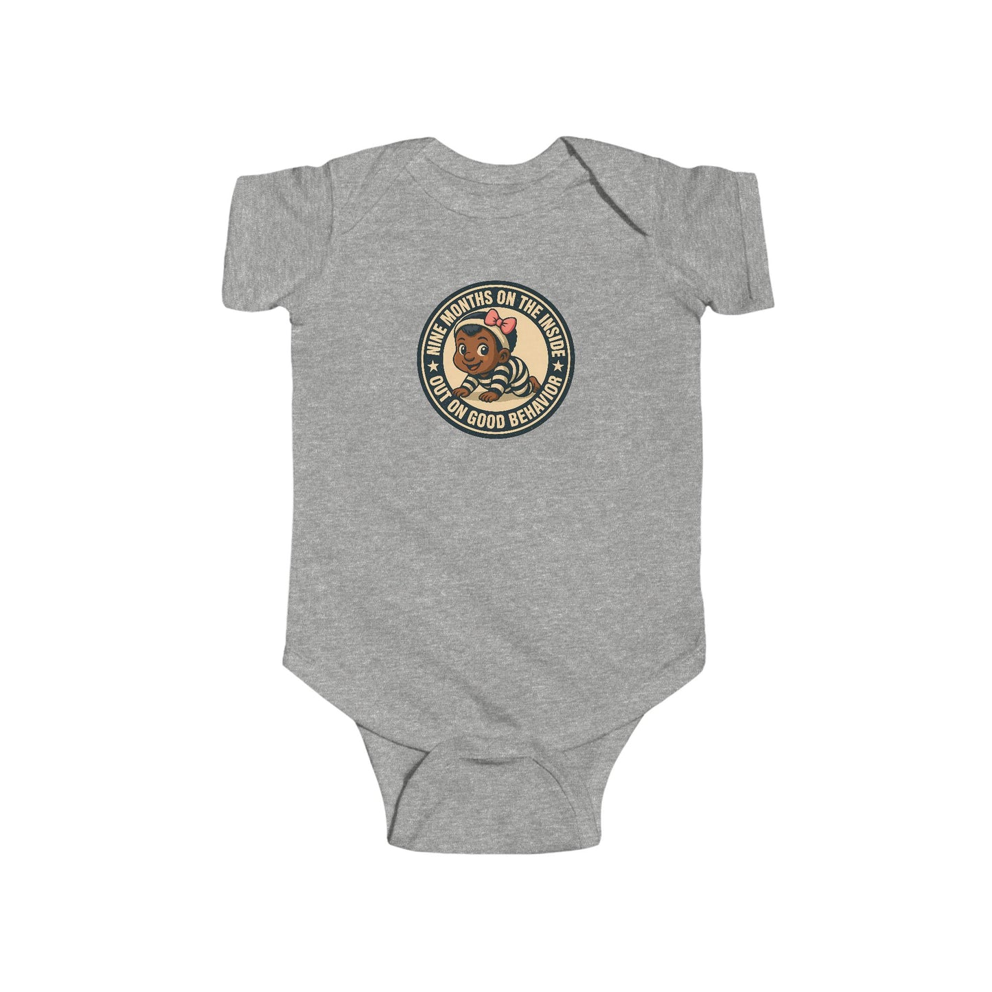 9 Months on the Inside, Out on Good Behavior - Baby Bodysuit - Vintage Stamp Eva