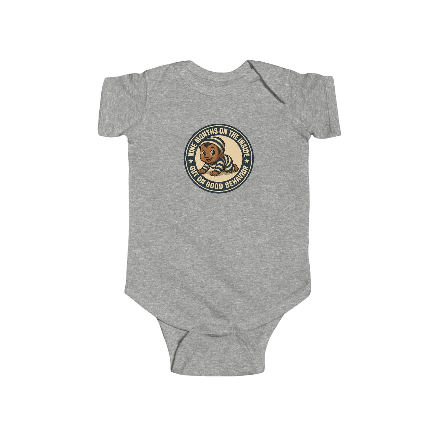9 Months on the Inside, Out on Good Behavior - Baby Bodysuit - Vintage Stamp Austin