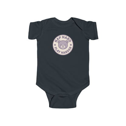 Nap Hard, Play Harder - Baby Bodysuit - Purple Bear Stamp