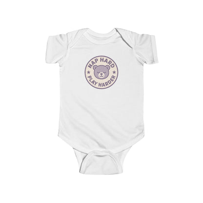 Nap Hard, Play Harder - Baby Bodysuit - Purple Bear Stamp