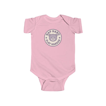 Nap Hard, Play Harder - Baby Bodysuit - Purple Bear Stamp