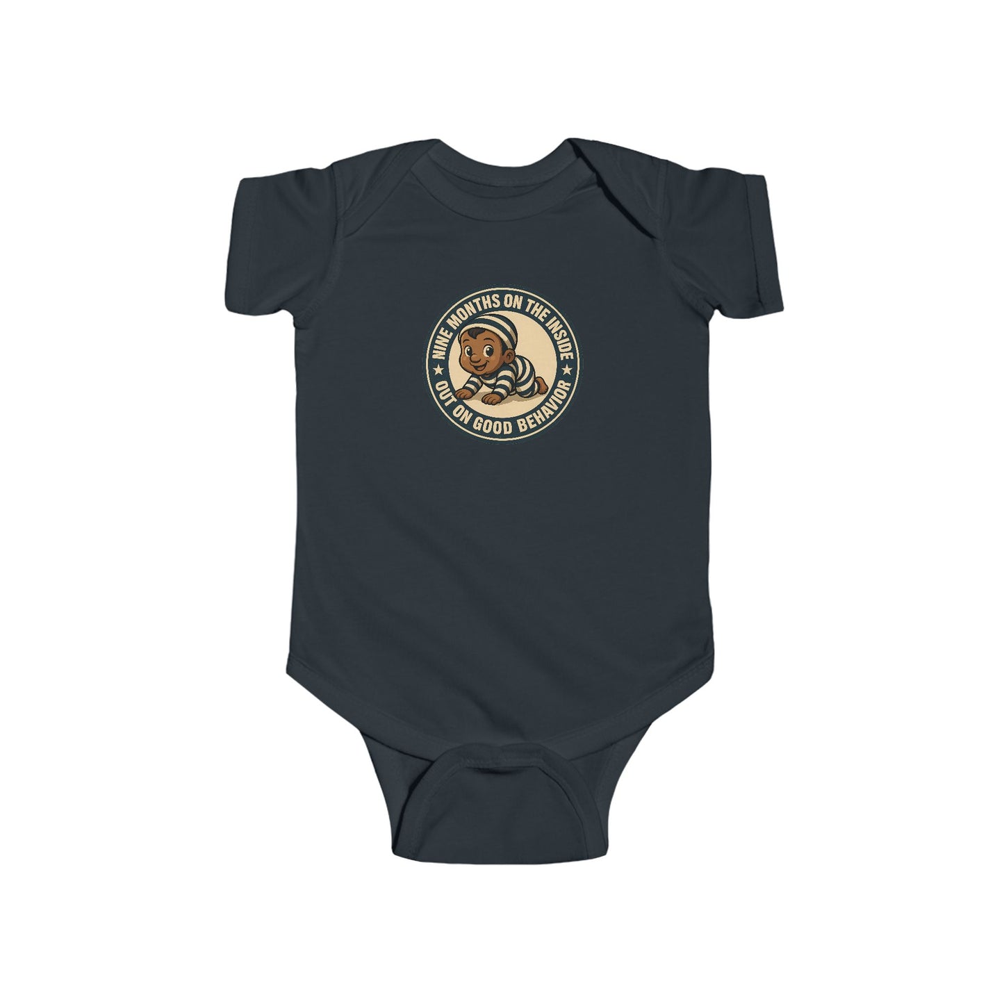 9 Months on the Inside, Out on Good Behavior - Baby Bodysuit - Vintage Stamp Austin