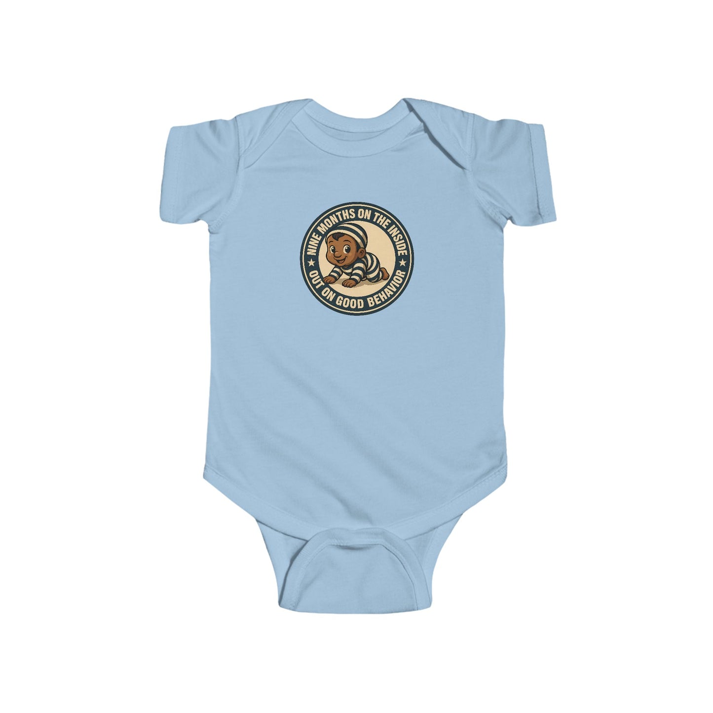 9 Months on the Inside, Out on Good Behavior - Baby Bodysuit - Vintage Stamp Austin