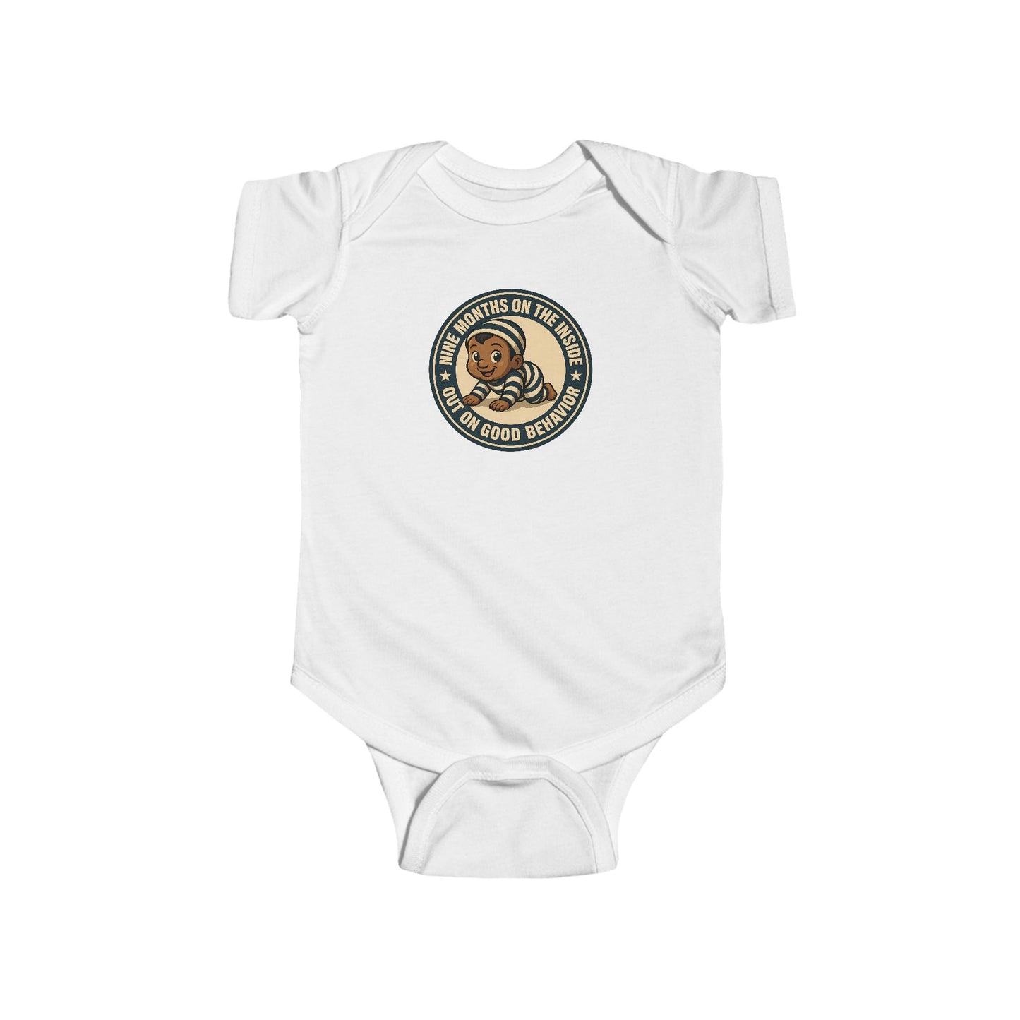 9 Months on the Inside, Out on Good Behavior - Baby Bodysuit - Vintage Stamp Austin