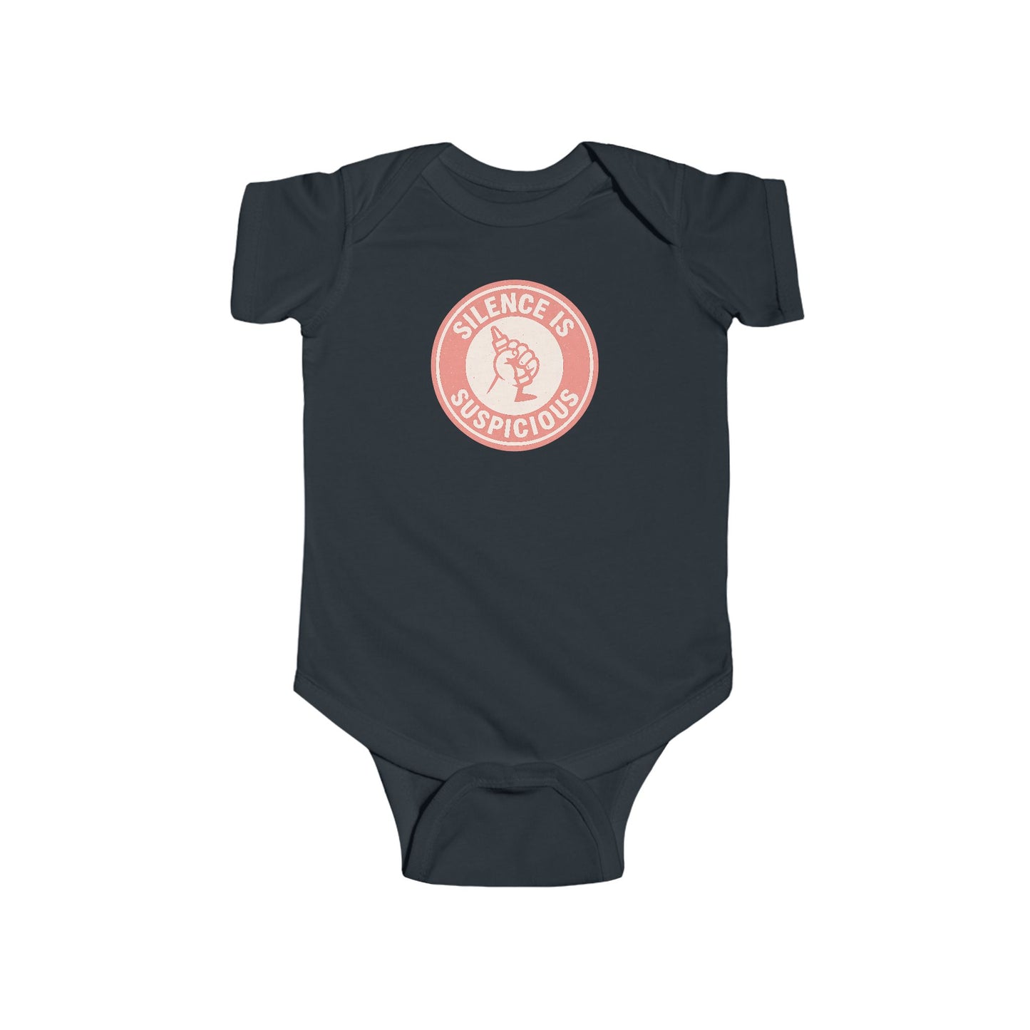 Silence is Suspicious - Baby Bodysuit - Future Artist on Peach Stamp