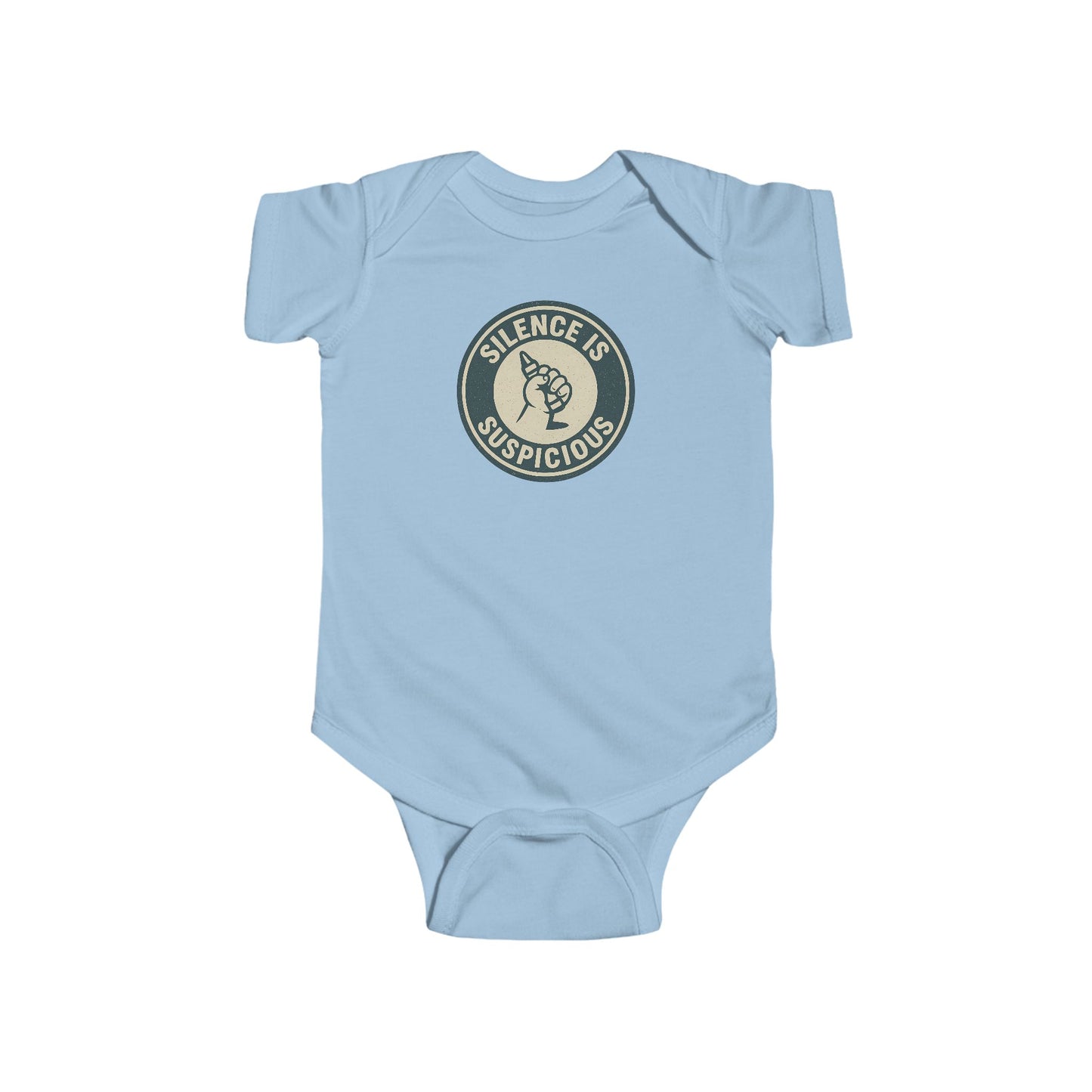 Silence is Suspicious - Baby Bodysuit - Future Artist on Blue Stamp