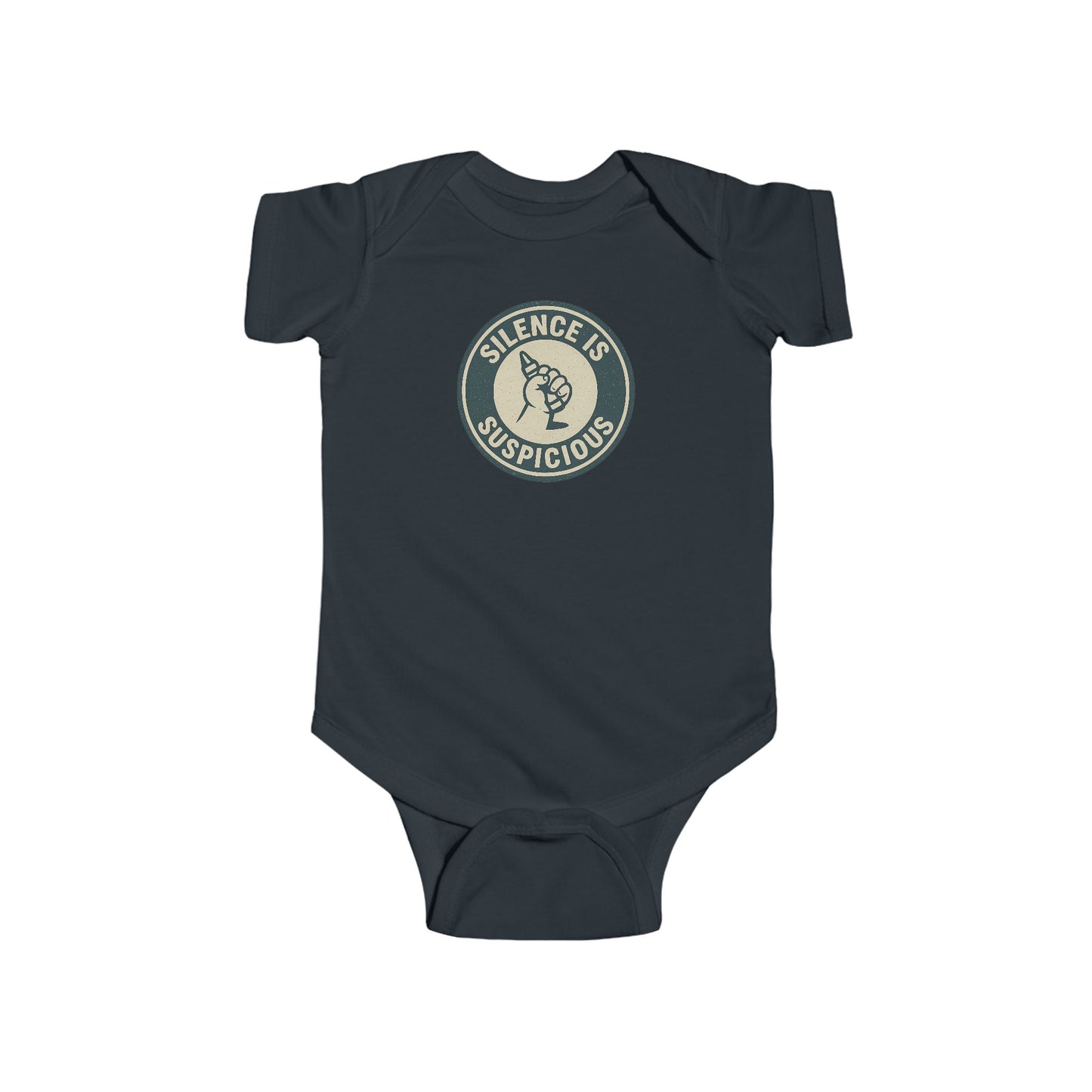 Silence is Suspicious - Baby Bodysuit - Future Artist on Blue Stamp