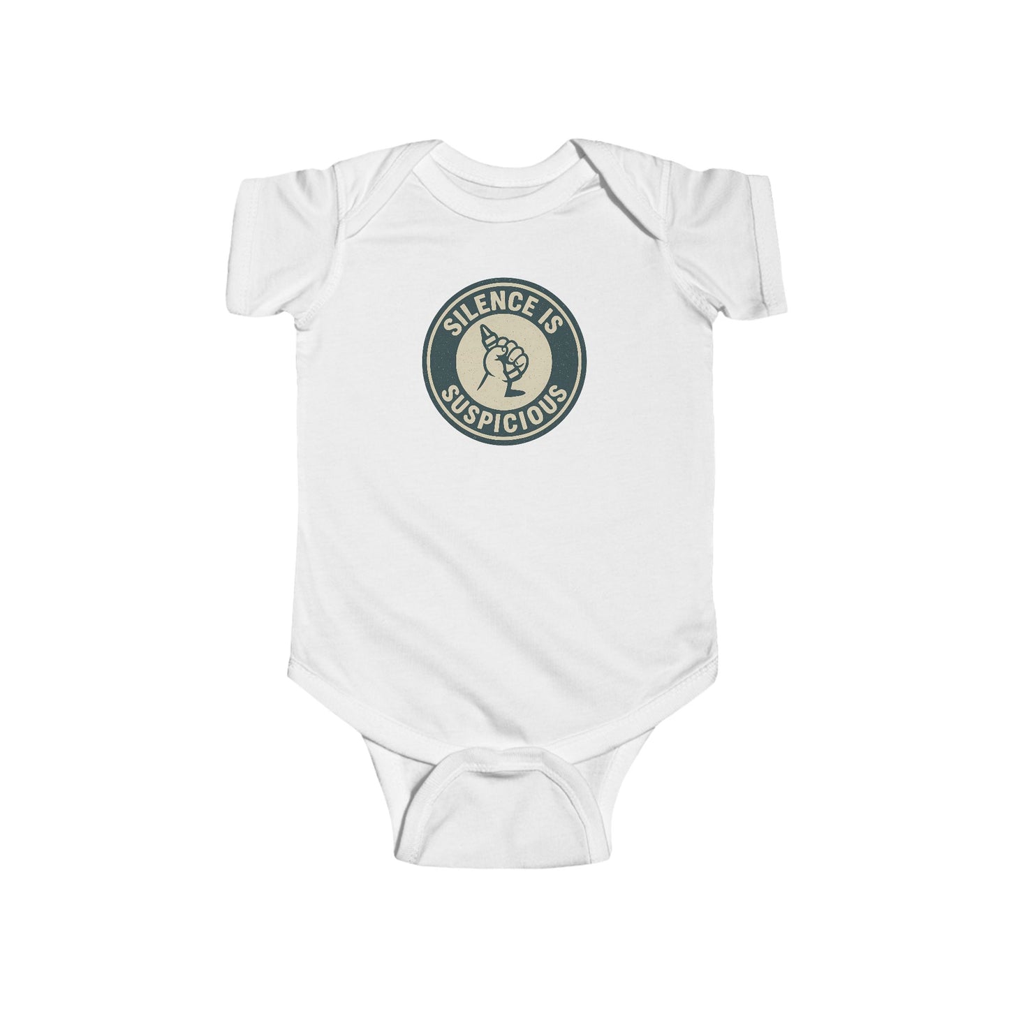 Silence is Suspicious - Baby Bodysuit - Future Artist on Blue Stamp