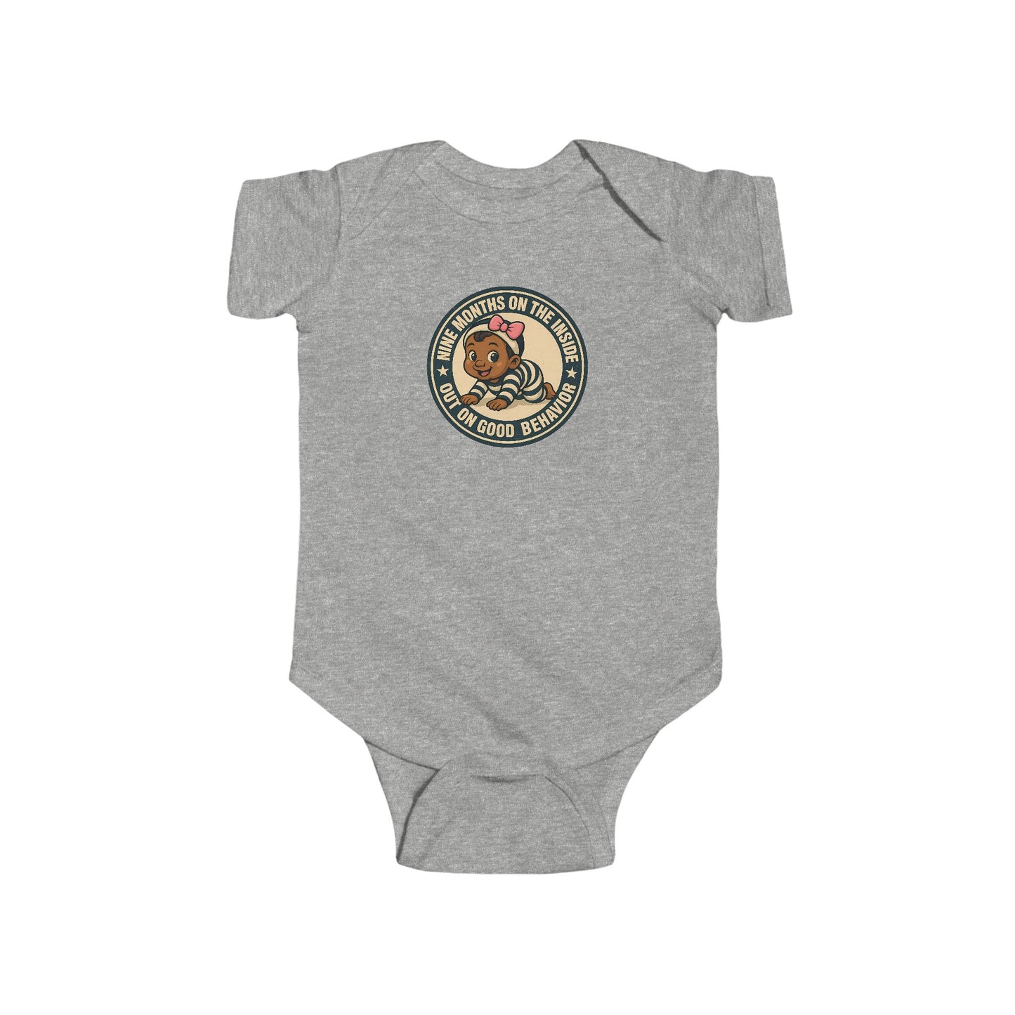 9 Months on the Inside, Out on Good Behavior - Baby Bodysuit - Vintage Stamp Lily