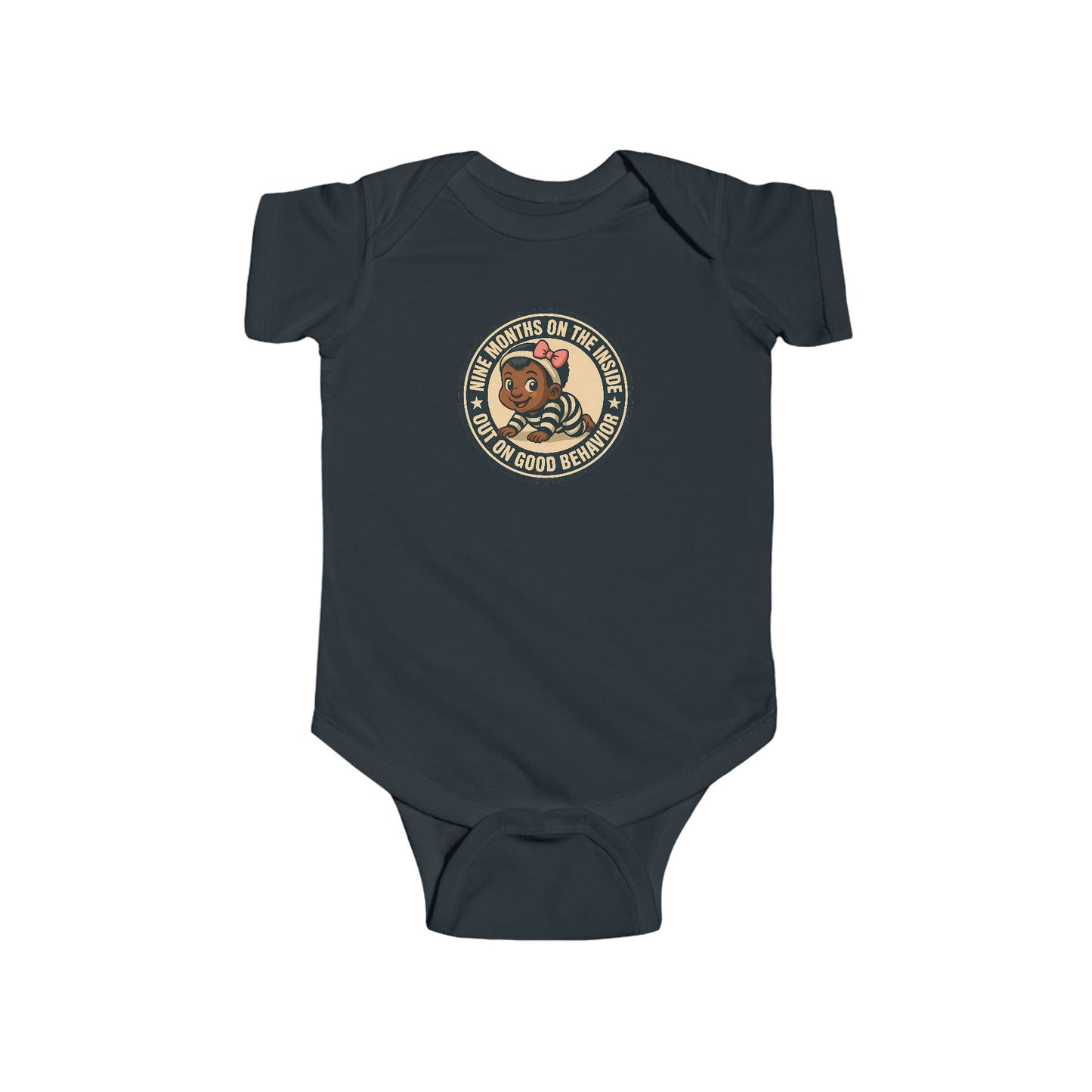 9 Months on the Inside, Out on Good Behavior - Baby Bodysuit - Vintage Stamp Eva