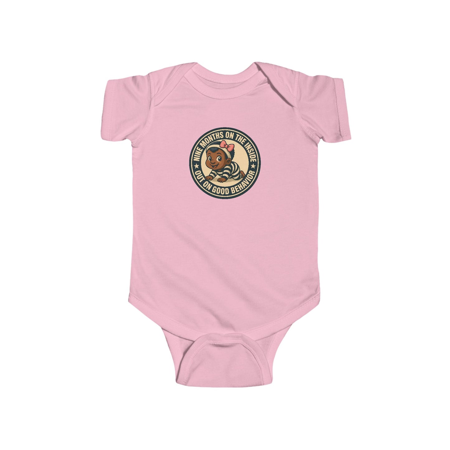 9 Months on the Inside, Out on Good Behavior - Baby Bodysuit - Vintage Stamp Eva