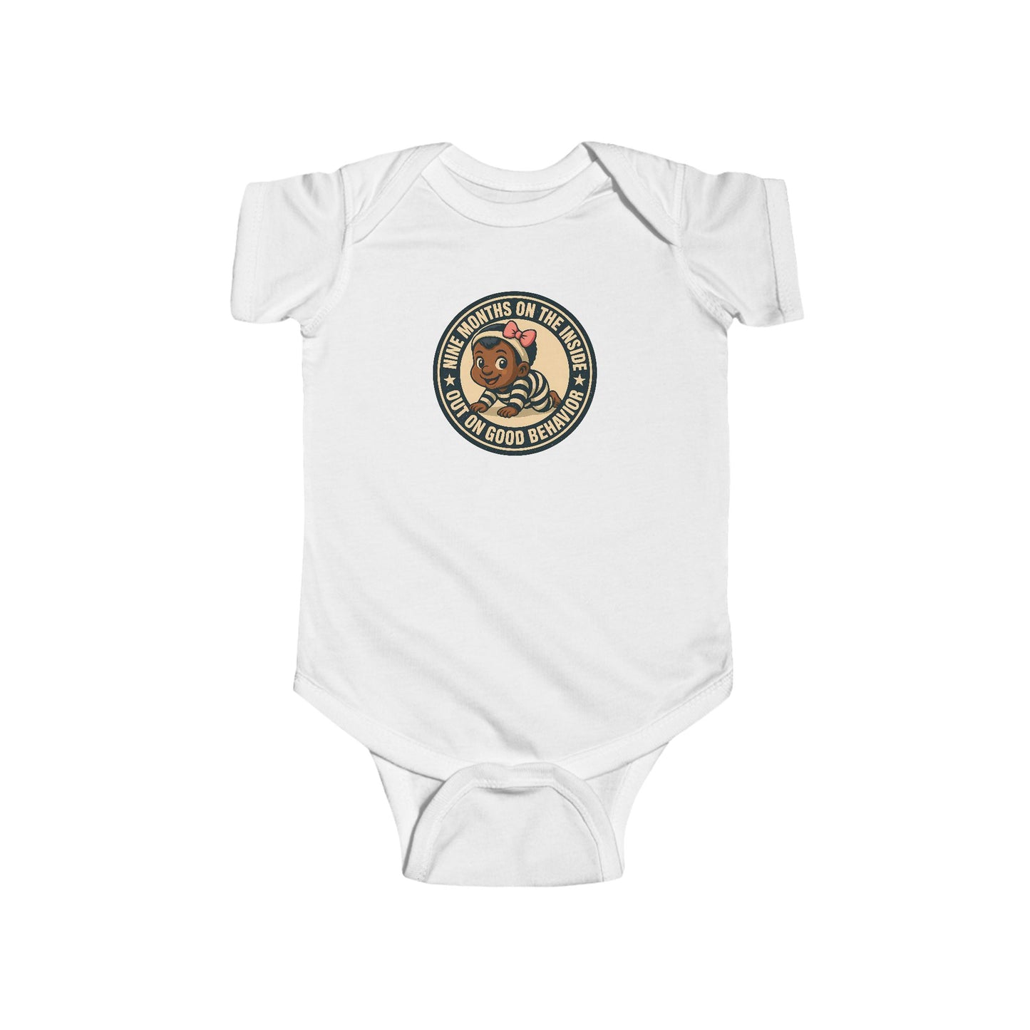 9 Months on the Inside, Out on Good Behavior - Baby Bodysuit - Vintage Stamp Eva