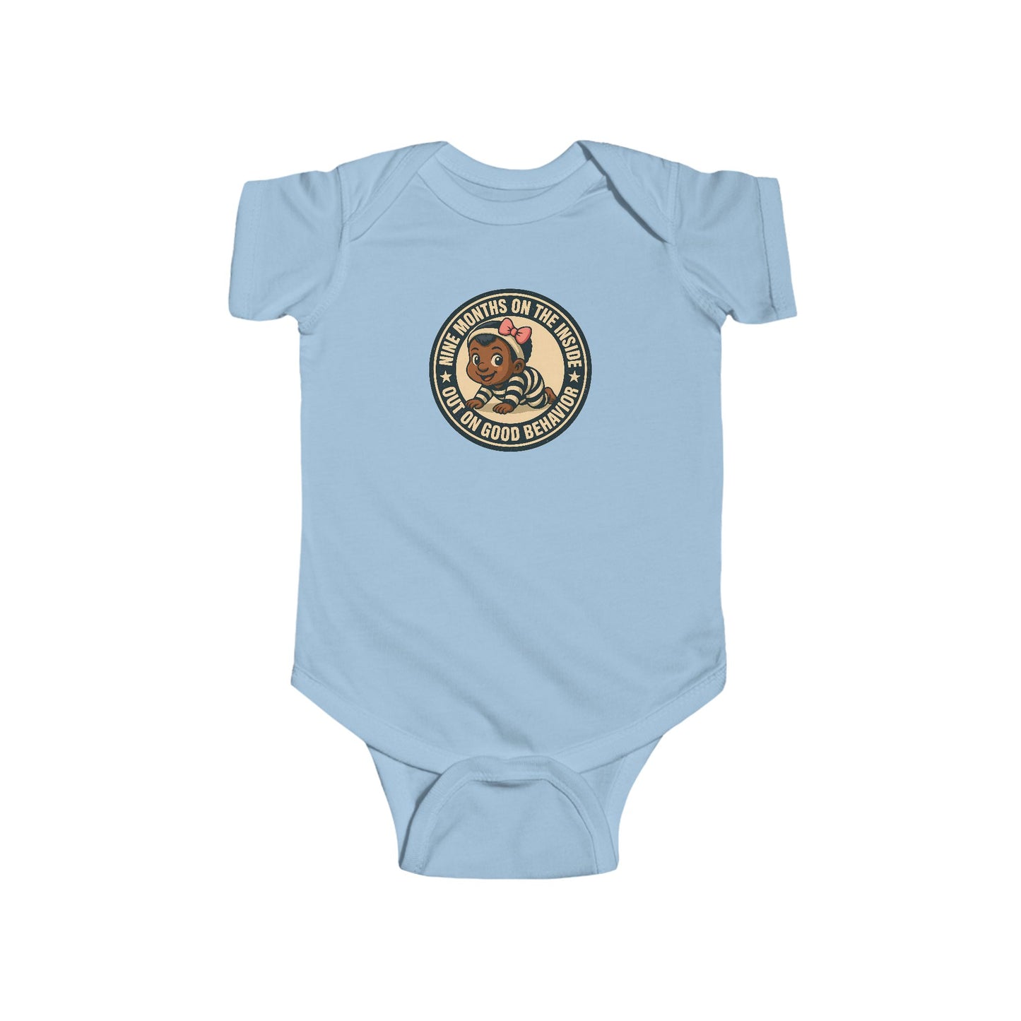 9 Months on the Inside, Out on Good Behavior - Baby Bodysuit - Vintage Stamp Eva