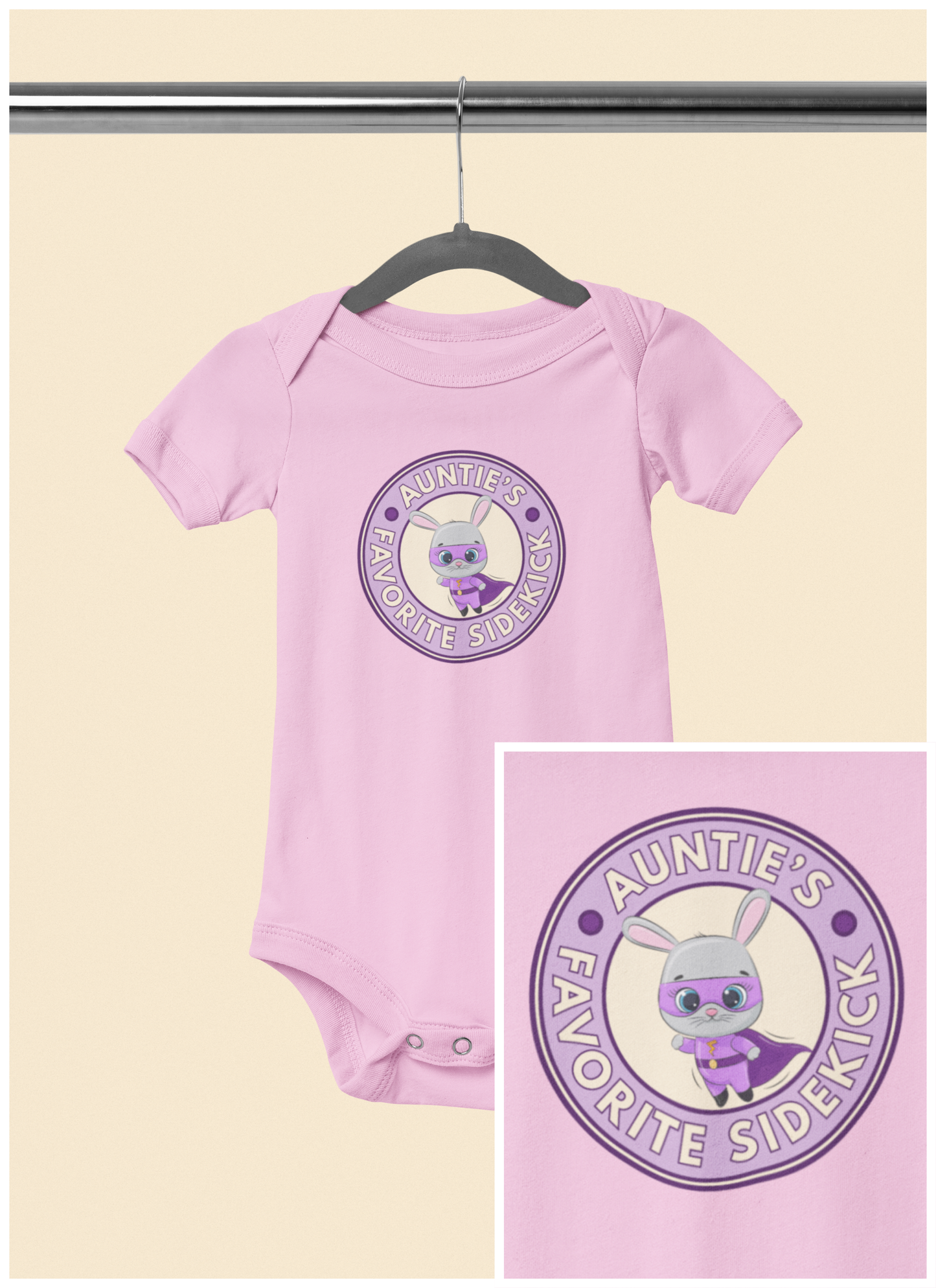 Auntie's Favorite Sidekick - Baby Bodysuit - Superhero Bunny Emblem