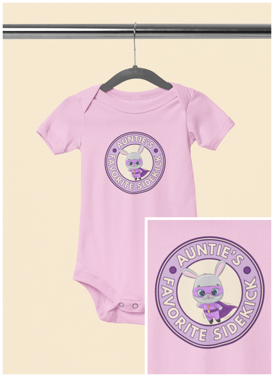 Auntie's Favorite Sidekick - Baby Bodysuit - Superhero Bunny Emblem