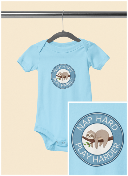 Nap Hard, Play Harder - Baby Bodysuit - Sleepy Sloth in Blue