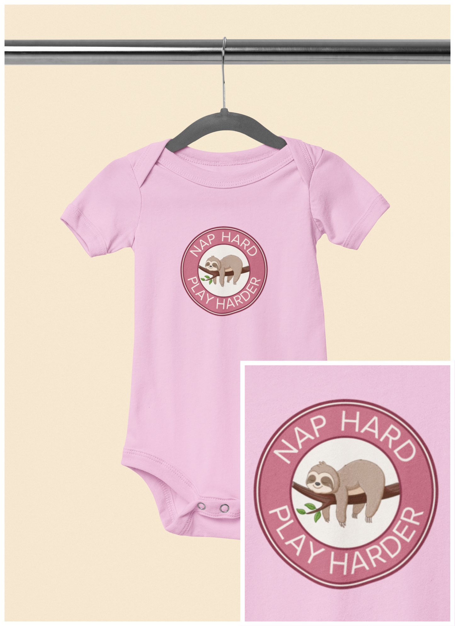 Nap Hard, Play Harder - Baby Bodysuit - Sleepy Sloth in Pink