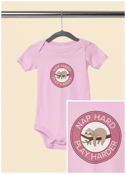 Nap Hard, Play Harder - Baby Bodysuit - Sleepy Sloth in Pink