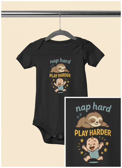 Nap Hard, Play Harder - Baby Bodysuit - Cute Sloth and Baby