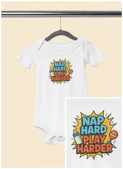 Nap Hard, Play Harder - Baby Bodysuit - Comically Sleepy