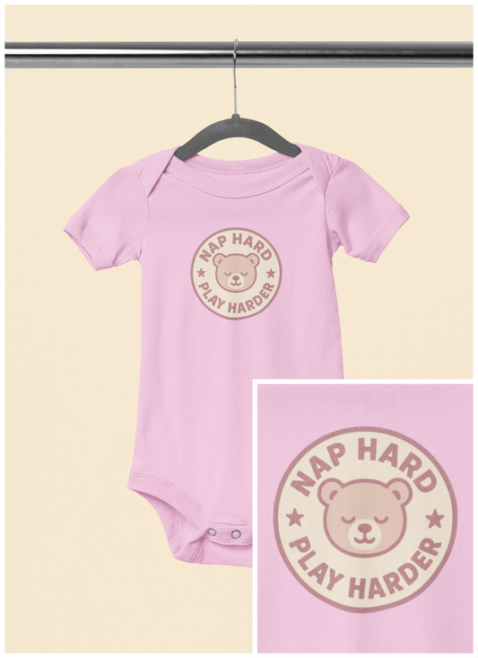 Nap Hard, Play Harder - Baby Bodysuit - Pink Bear Stamp
