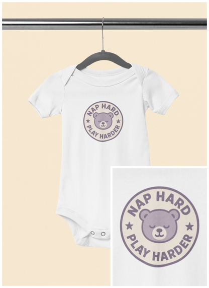 Nap Hard, Play Harder - Baby Bodysuit - Purple Bear Stamp