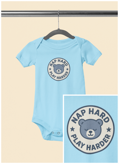 Nap Hard, Play Harder - Baby Bodysuit - Blue Bear Stamp