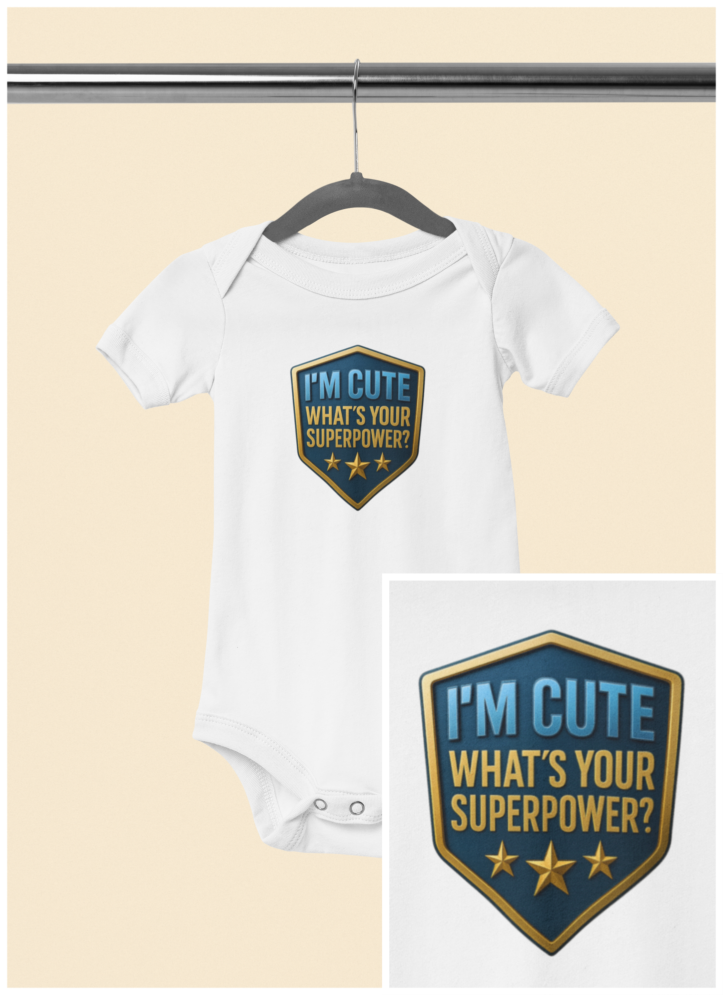 I'm Cute, What's Your Superpower? - Baby Bodysuit - Blue Shield