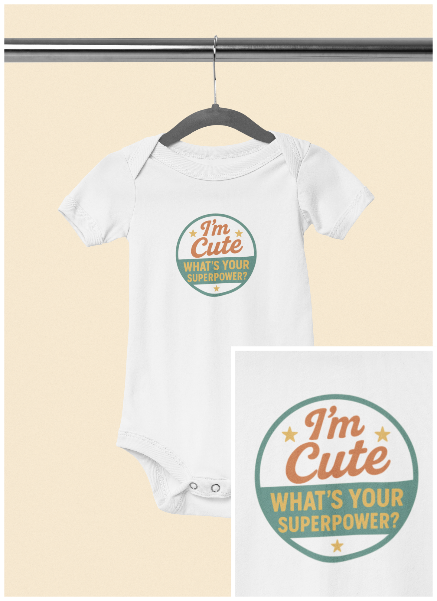 I'm Cute, What's Your Superpower? - Baby Bodysuit - Cute Stamp in green
