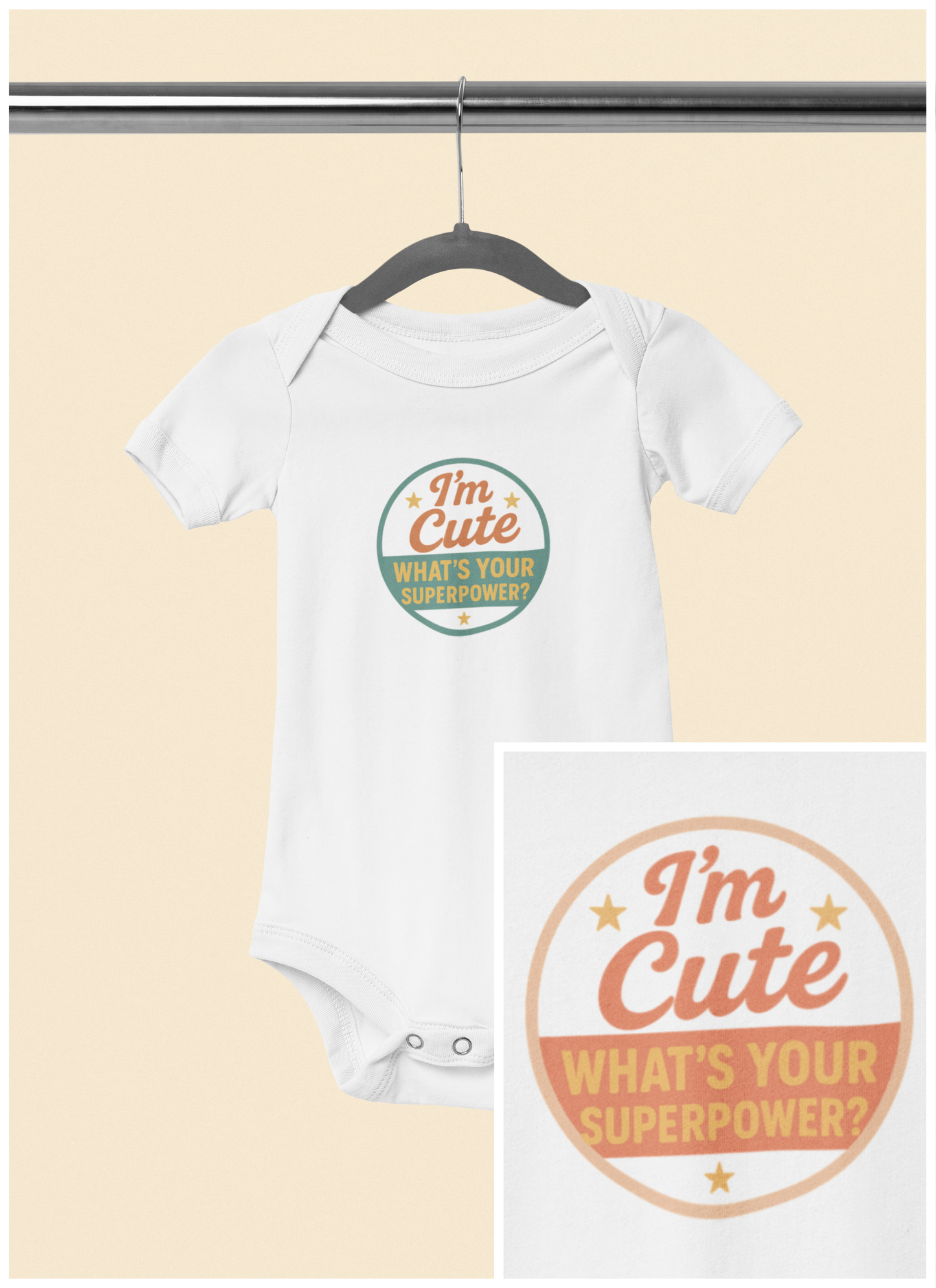 I'm Cute, What's Your Superpower? - Baby Bodysuit  - Cute stamp in peach