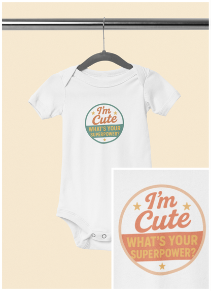 I'm Cute, What's Your Superpower? - Baby Bodysuit  - Cute stamp in peach