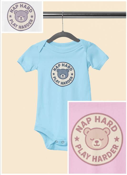 Nap Hard, Play Harder - Baby Bodysuit - Blue Bear Stamp