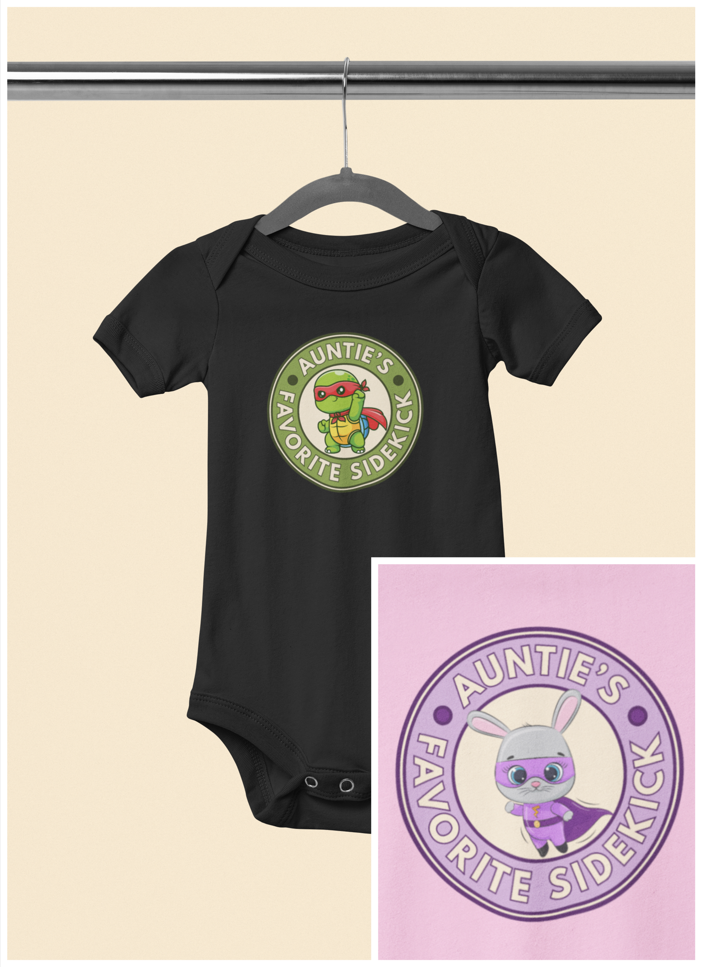 Auntie's Favorite Sidekick - Baby Bodysuit - Superhero Bunny Emblem