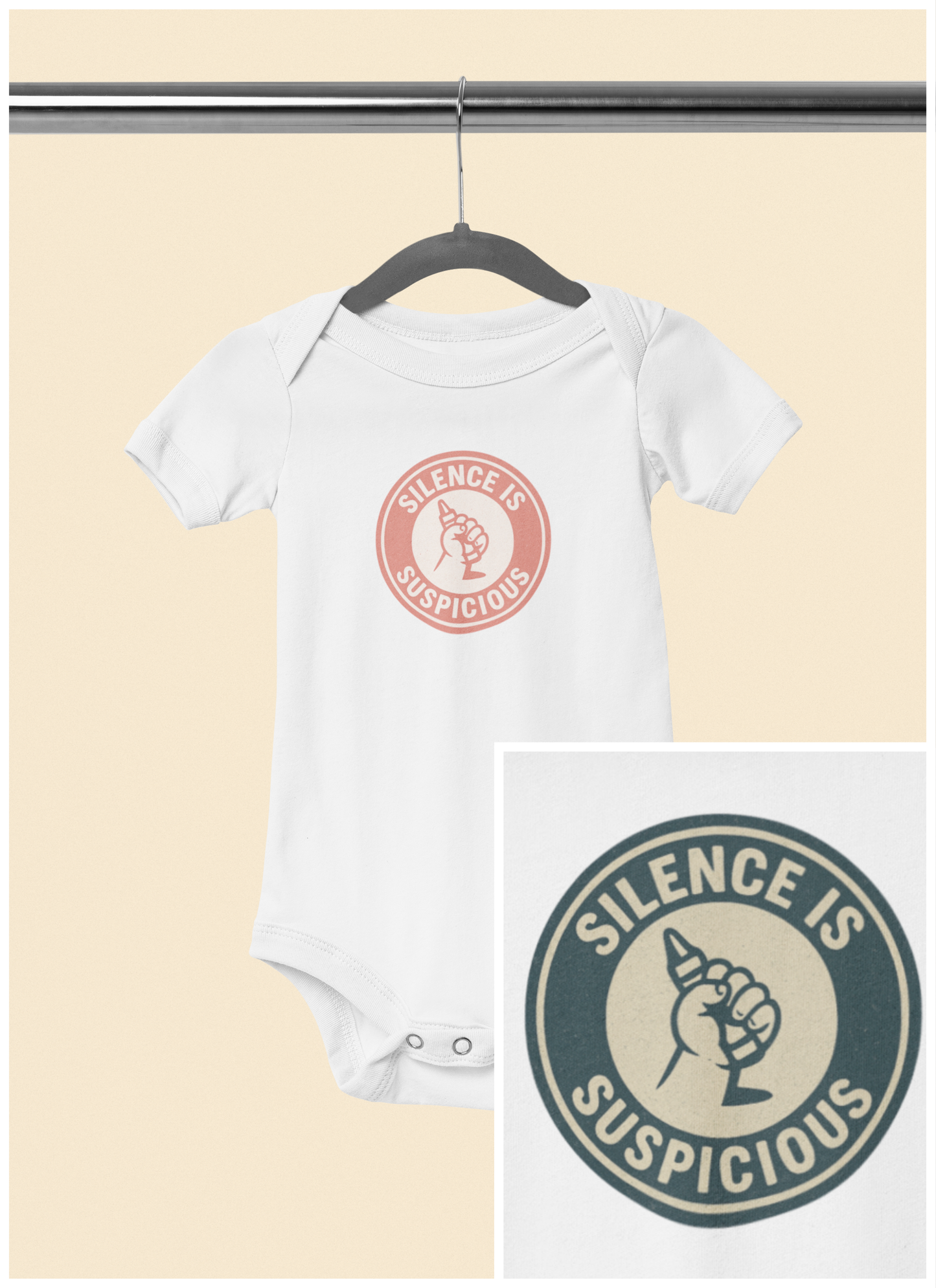 Silence is Suspicious - Baby Bodysuit - Future Artist on Peach Stamp