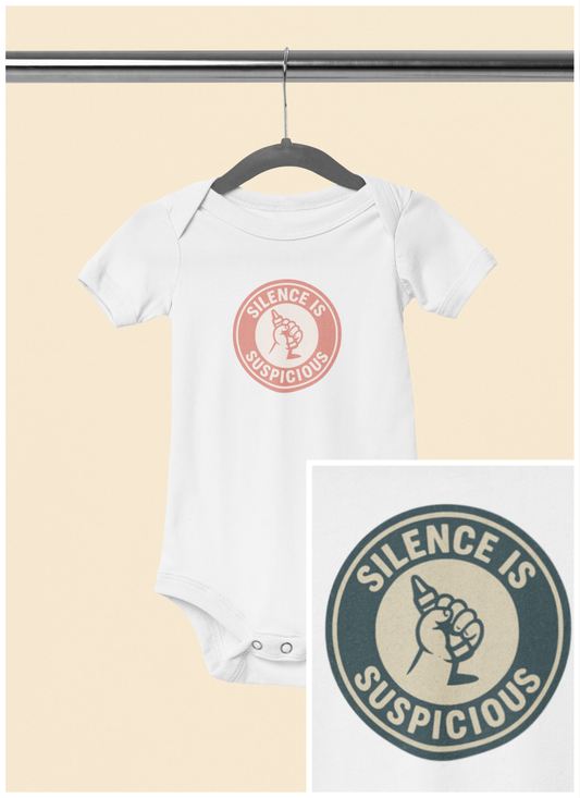 Silence is Suspicious - Baby Bodysuit - Future Artist on Peach Stamp