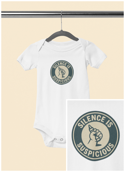 Silence is Suspicious - Baby Bodysuit - Future Artist on Blue Stamp