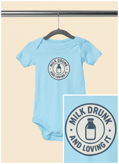 Milk Drunk and Loving It - Baby Bodysuit - Vintage Stamp in Blue