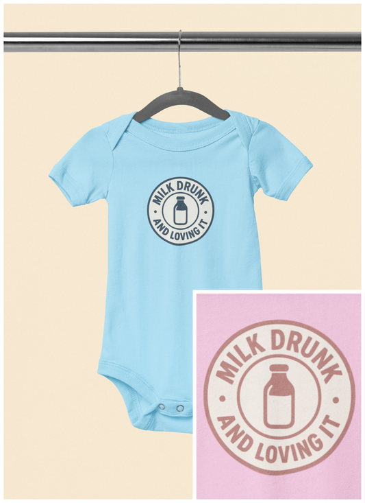 Milk Drunk and Loving It - Baby Bodysuit - Vintage Stamp in Blue