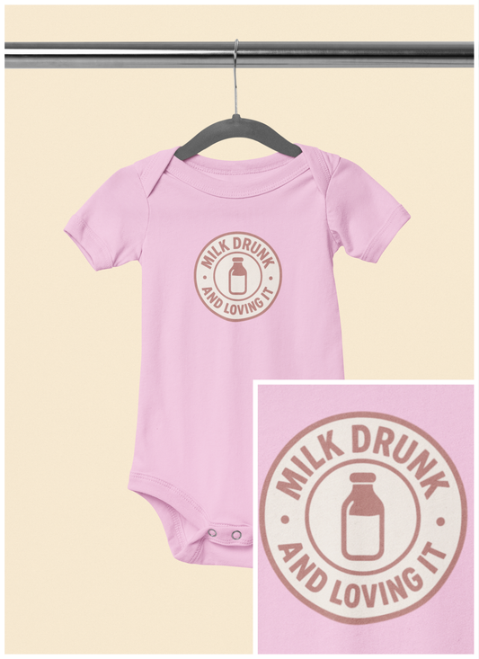 Milk Drunk and Loving It - Baby Bodysuit - Vintage Stamp in Pink
