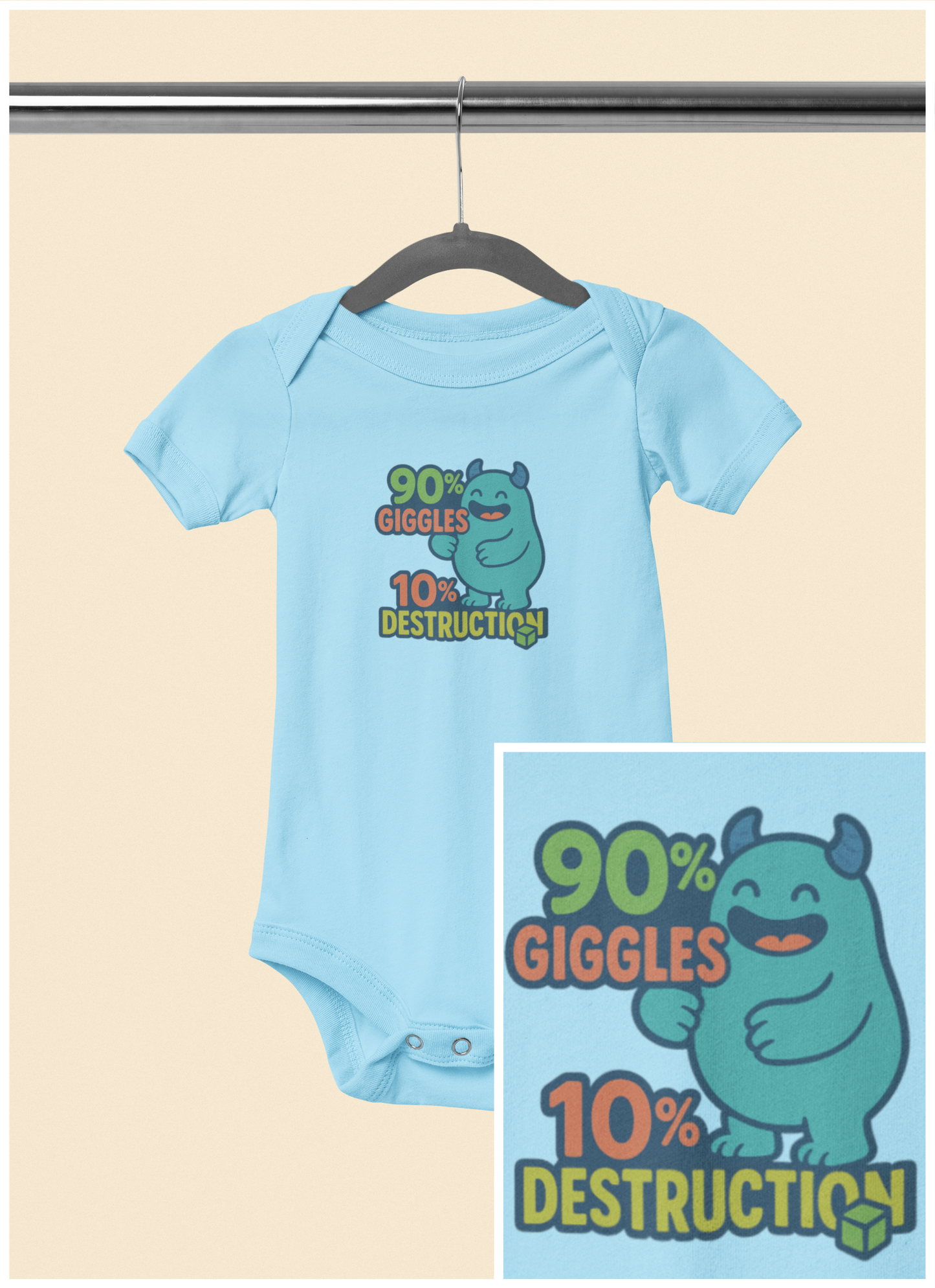 90% Giggles, 10% Destruction - Baby Bodysuit - Blue Monster
