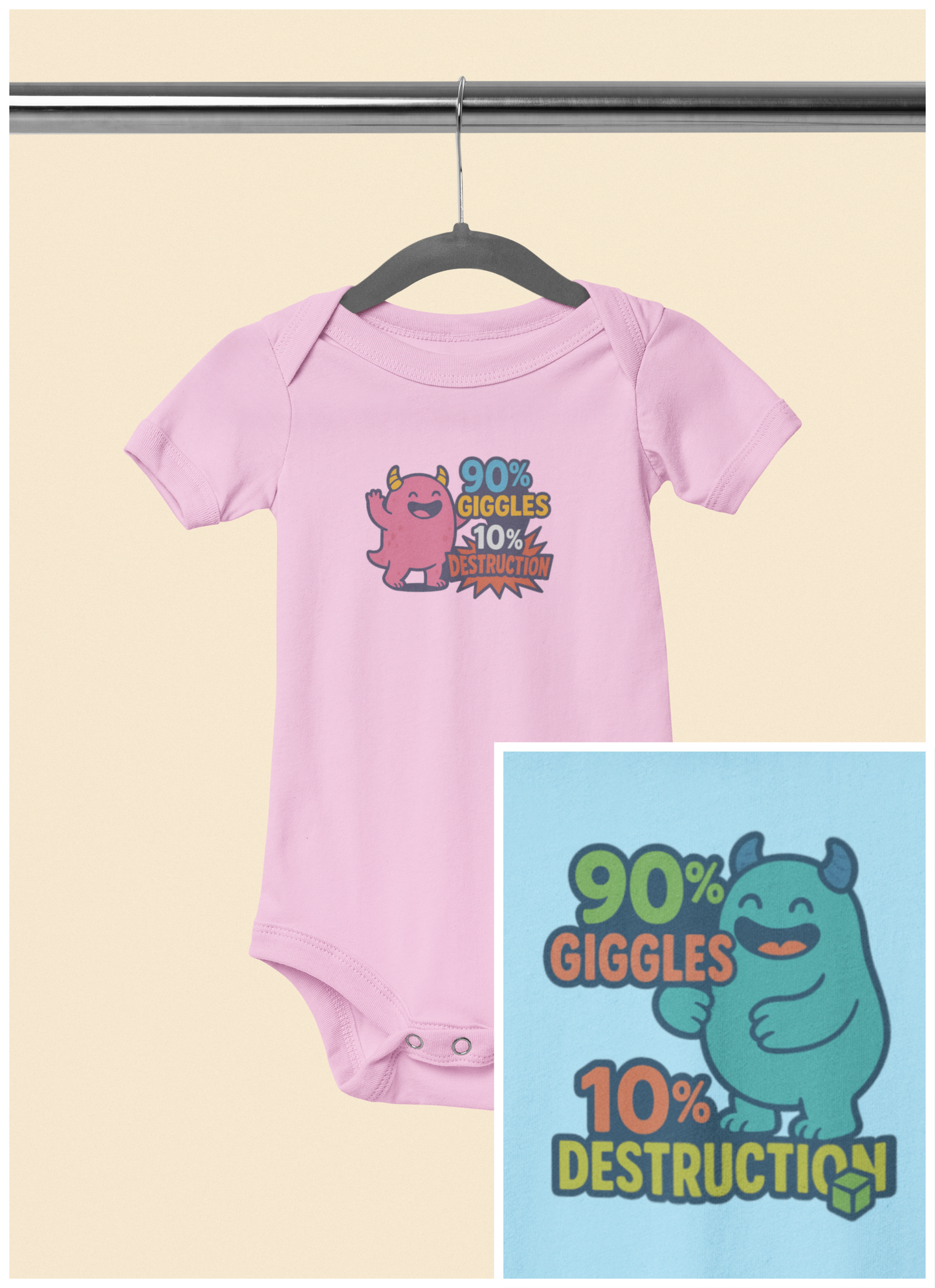 90% Giggles, 10% Destruction - Baby Bodysuit - Blue Monster